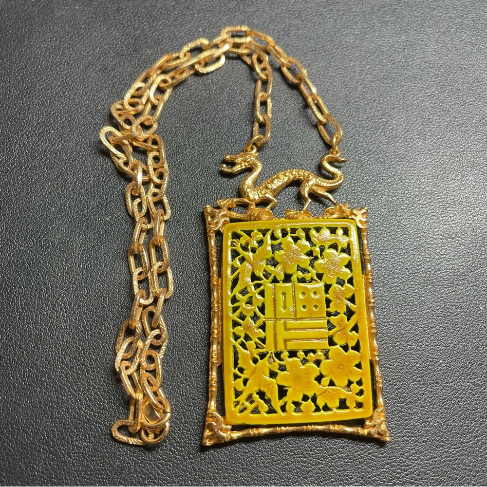 Vintage Signed ART Arthur Pepper Dragon & Yellow Enamel Pendant Necklace